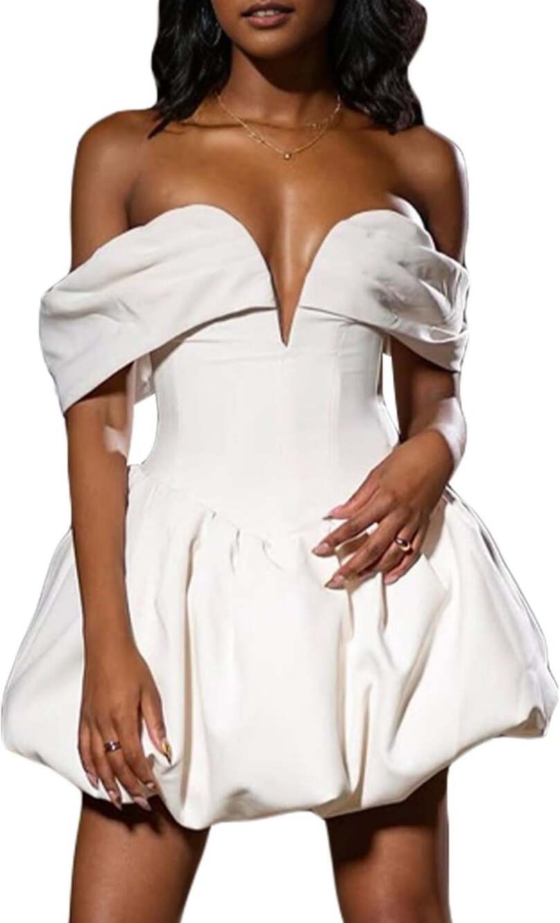 Off-the-Shoulder V-Neck Corset Puff Mini Dress
Small